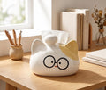 Porte-mouchoirs en céramique chat kawaii avec lunettes, blanc pastel