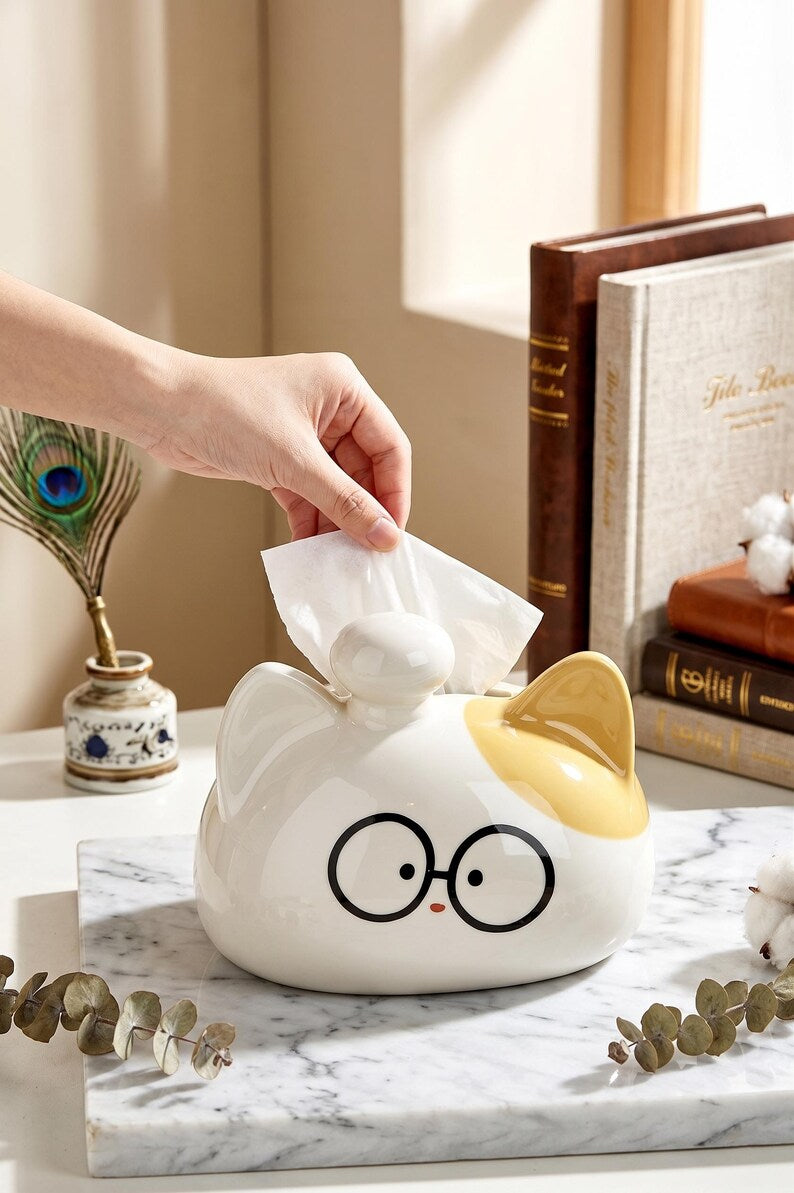 Porte-mouchoirs en céramique chat kawaii avec lunettes, blanc pastel