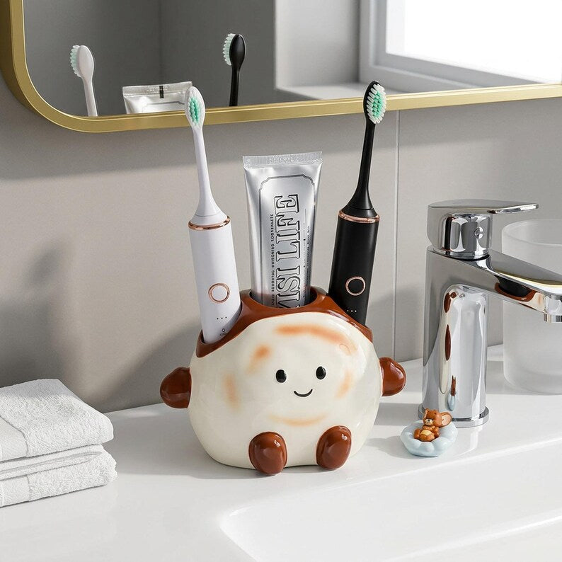 Porte-brosse à dents en céramique pour toast - Organisateur de salle de bain pour 2 brosses à dents et dentifrice