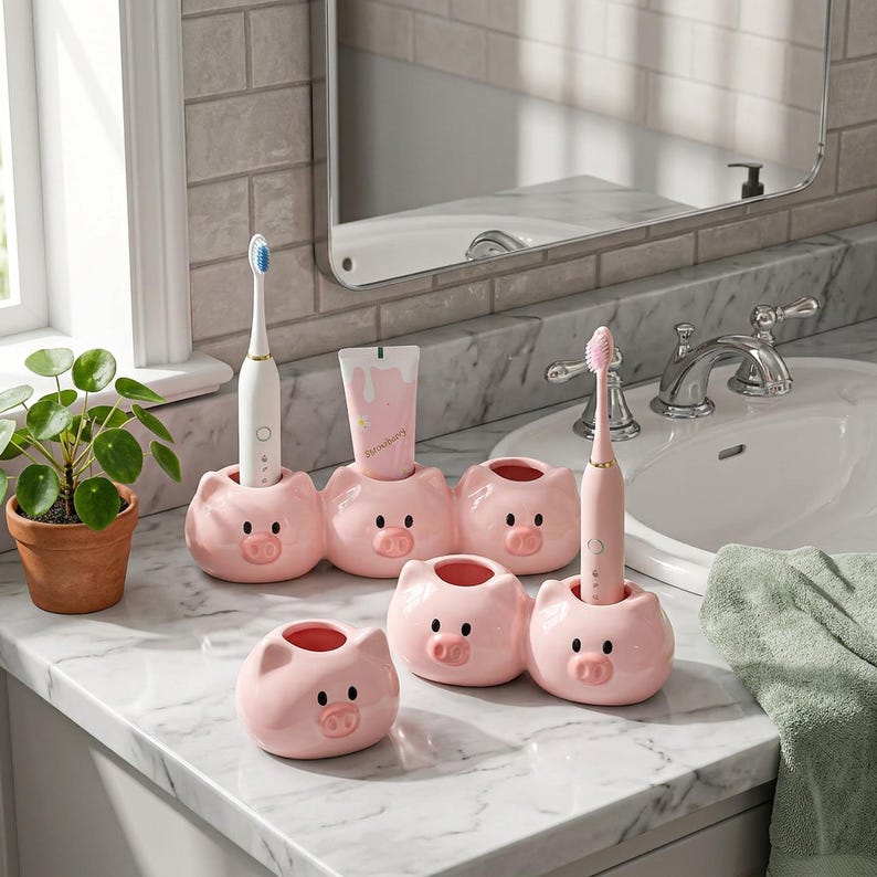 Porte-brosse à dents en céramique rose en forme de cochon - Organiseur de salle de bain avec 1, 2 ou 3 trous