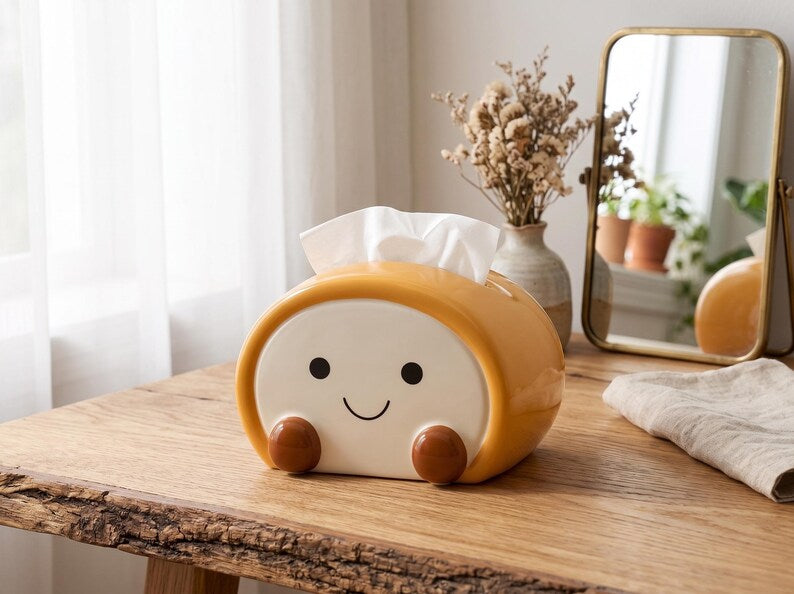 Boîte à mouchoirs en céramique forme de pain, distributeur mignon toast souriant, décoration cuisine kawaii, rangement table