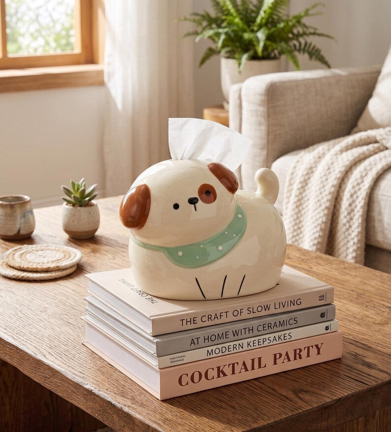 Distributeur de mouchoirs en céramique en forme de chien | Accessoire de décoration kawaii pour salon, bureau