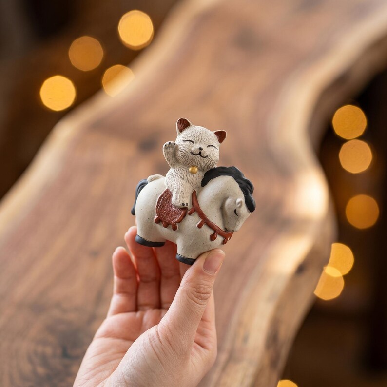 Figurine de chat et cheval en céramique sculptée à la main, décoration rustique pour thé