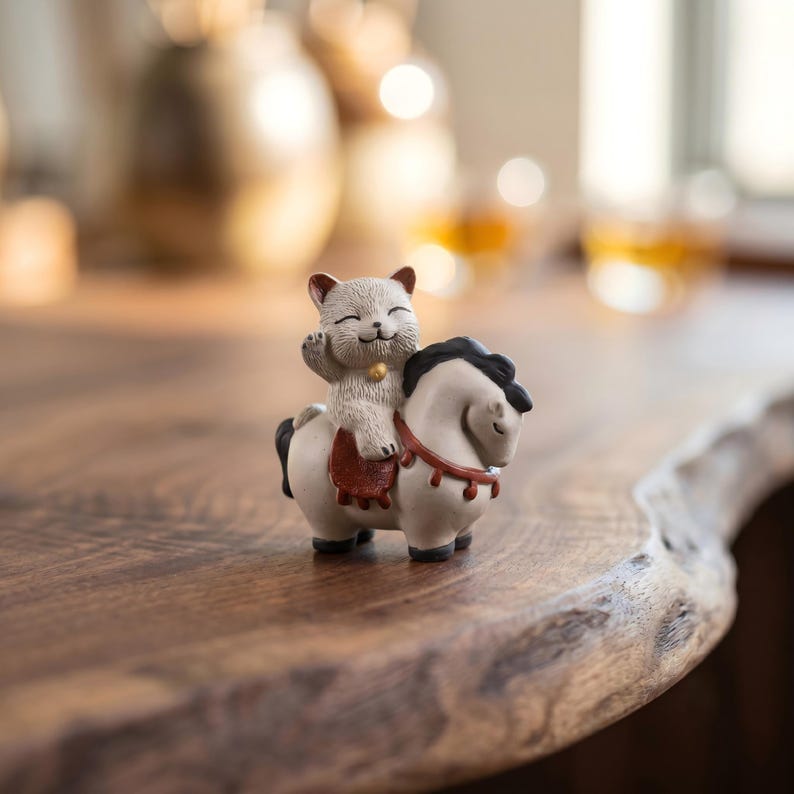 Figurine de chat et cheval en céramique sculptée à la main, décoration rustique pour thé