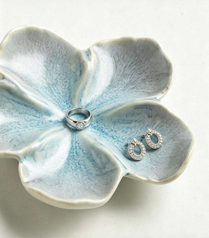 Porte-bijoux fleur en céramique, plateau porte-bagues, organisateur de bijoux floral
