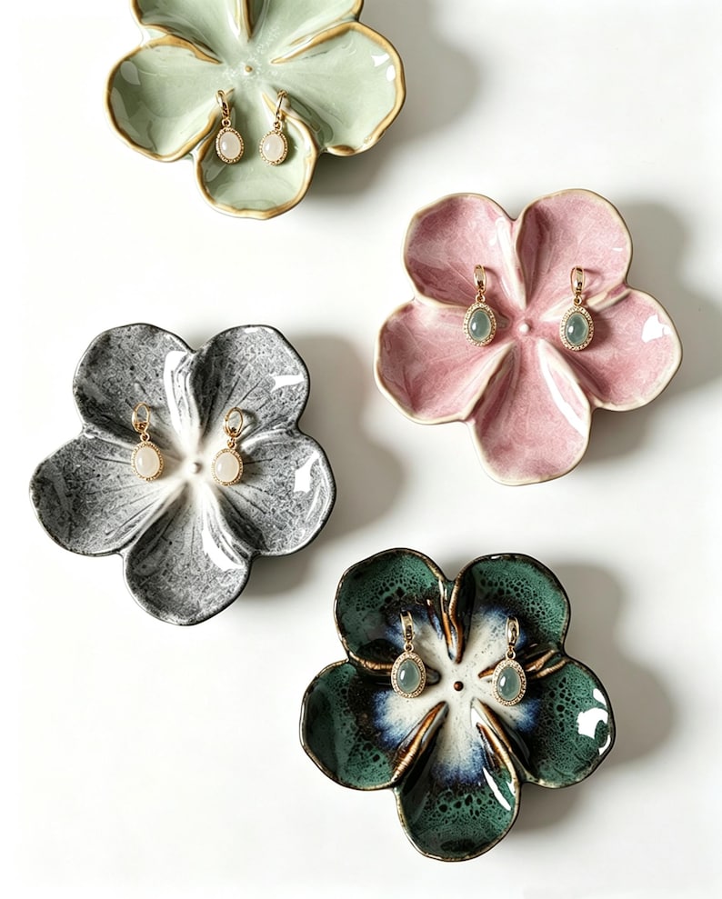 Porte-bijoux fleur en céramique, plateau porte-bagues, organisateur de bijoux floral