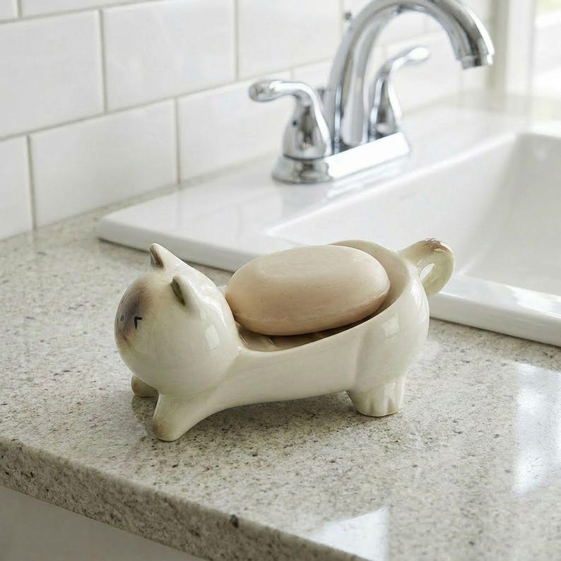 Porte-savon chat en céramique, décoration salle de bain, organisateur lavabo