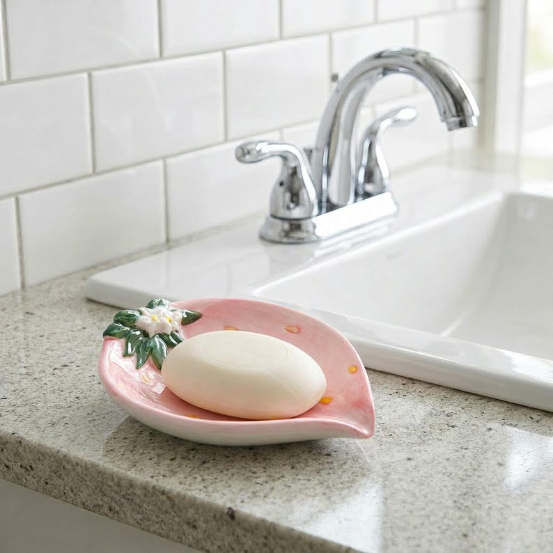 Porte-savon en céramique fraise, support kawaii baies, organisateur salle de bain fruit, décoration