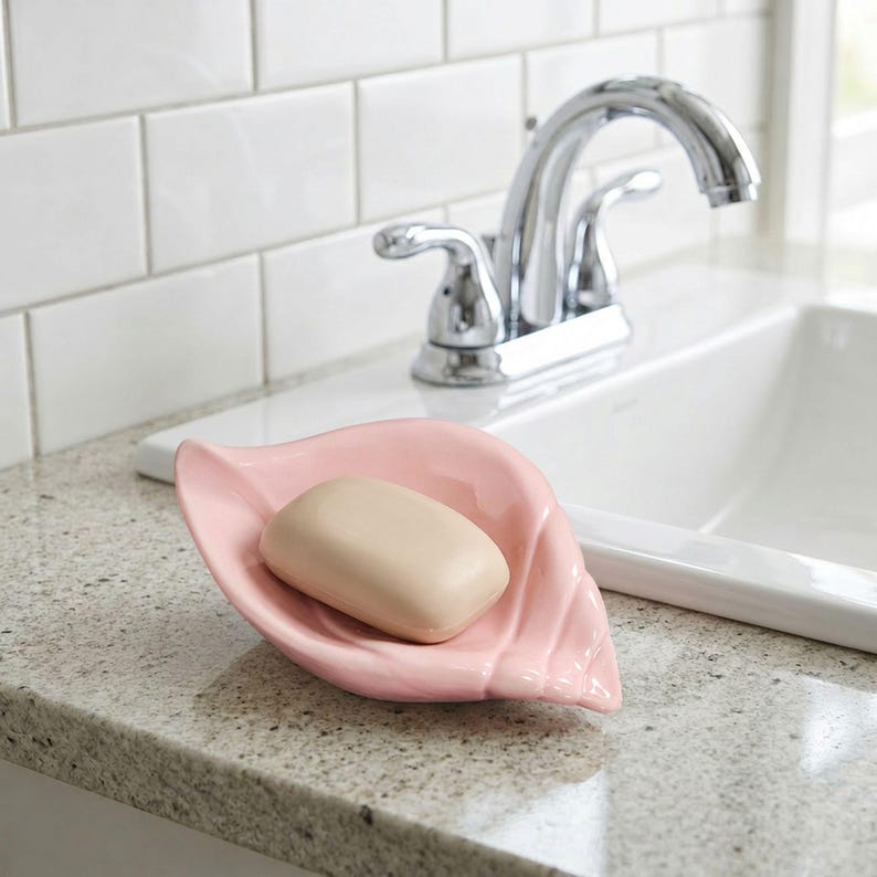 Porte-savon coquillage rose en céramique, décoration salle de bain côtière, accessoire lavabo plage