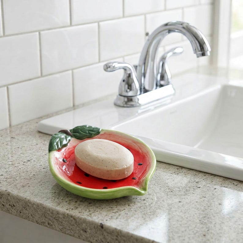 Porte-savon pastèque en céramique, décoration de salle de bain kawaii, fruit design, plateau de rangement lavabo