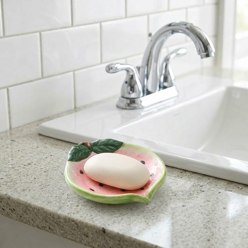 Porte-savon pastèque en céramique, décoration de salle de bain kawaii, fruit design, plateau de rangement lavabo
