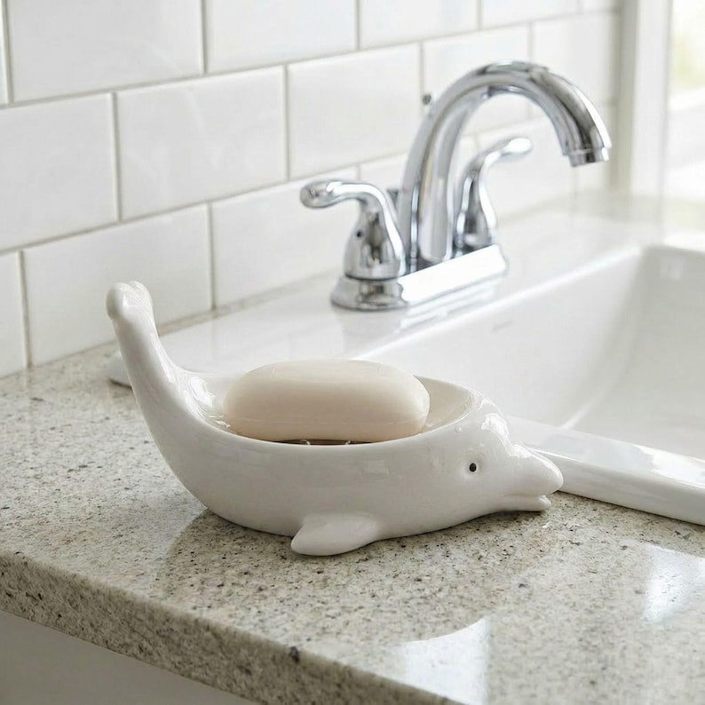 Porte-savon dauphin en céramique blanche, décoration salle de bain kawaii