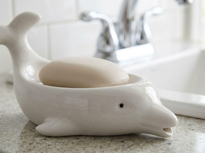 Porte-savon dauphin en céramique blanche, décoration salle de bain kawaii