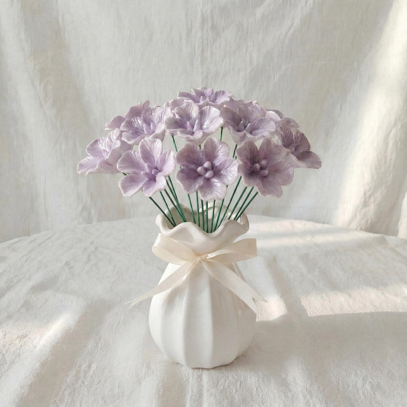 Tige de fleur en céramique émaillée à la main, pensée à cinq pétales, décoration florale pour vase, 25 cm, plusieurs couleurs