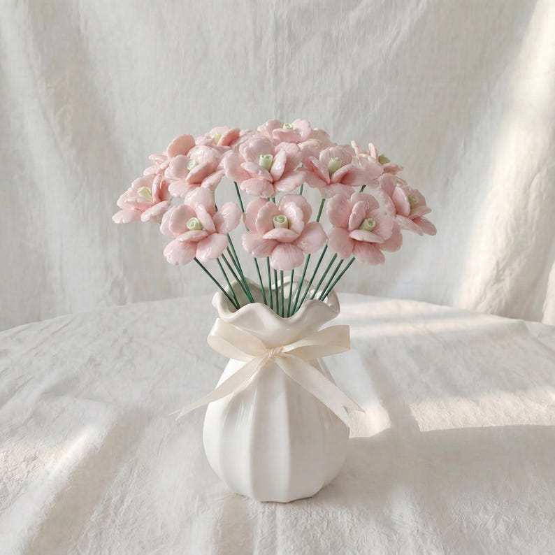 Tige de fleur en céramique émaillée à la main, pensée à cinq pétales, décoration florale pour vase, 25 cm, plusieurs couleurs
