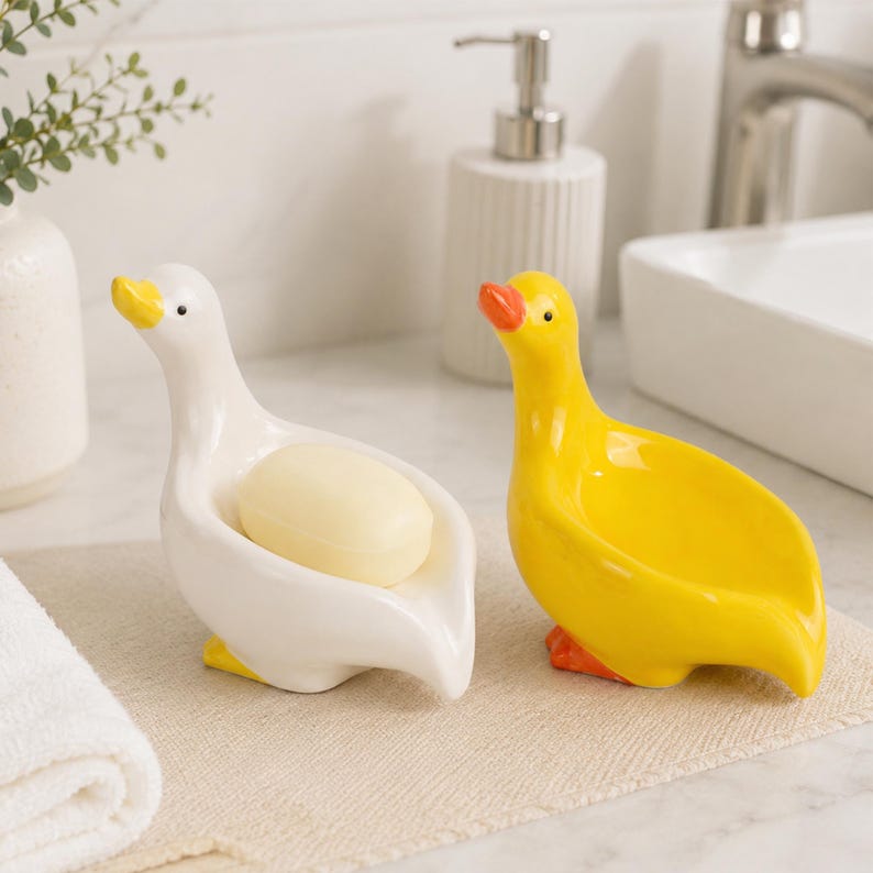 Porte-savon canard en céramique émaillé blanc, décoration salle de bain