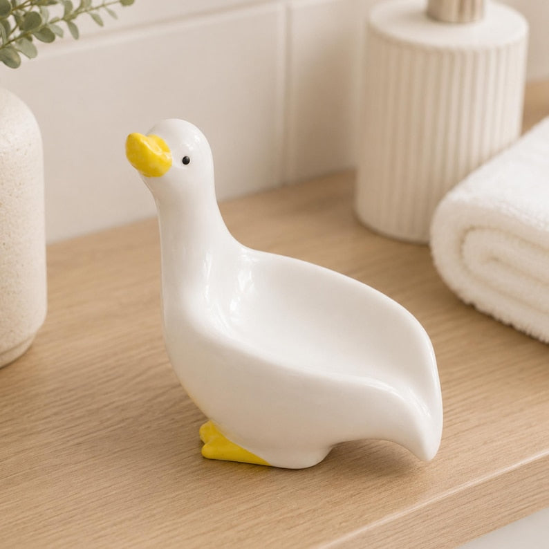 Porte-savon canard en céramique émaillé blanc, décoration salle de bain