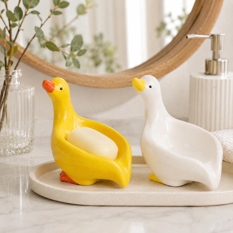 Porte-savon canard en céramique émaillé blanc, décoration salle de bain