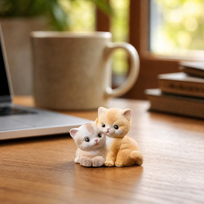 Figurine de couple de chats en céramique orange tigré, décoration de bureau rustique, poterie artisanale 7 cm