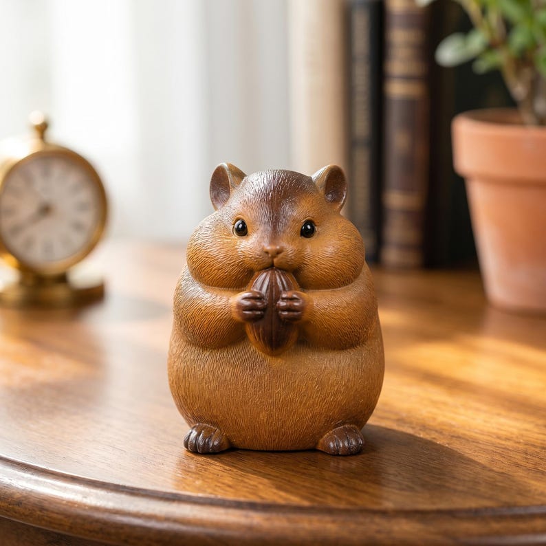 Hamster en argile sculpté à la main, ornement d'étagère kawaii, décoration miniature rustique, 5 x 7 cm