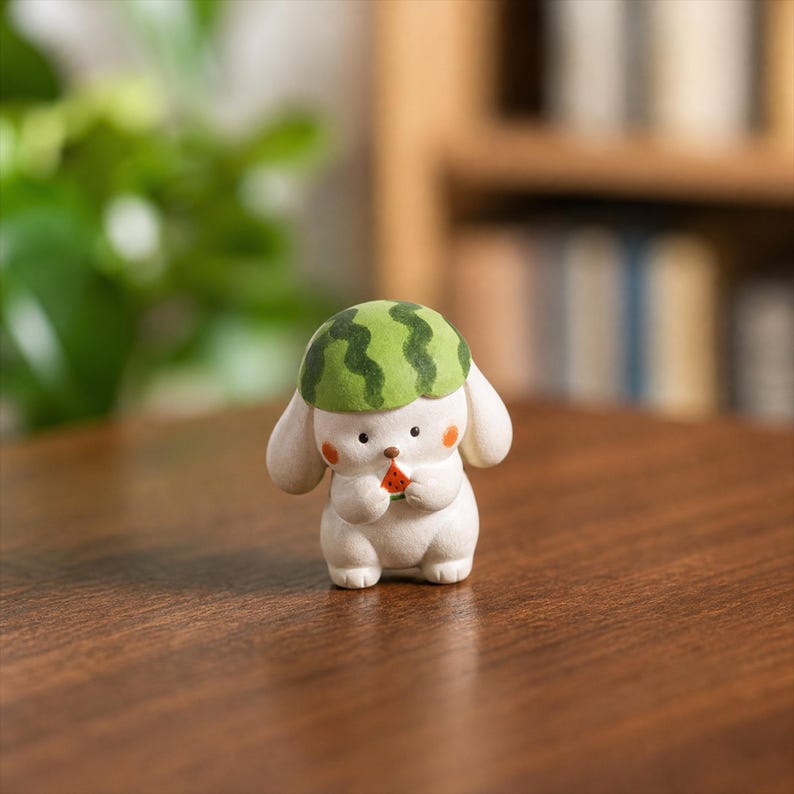 Céramique Lapin Pastèque Figurine de Bureau 5.5 cm
