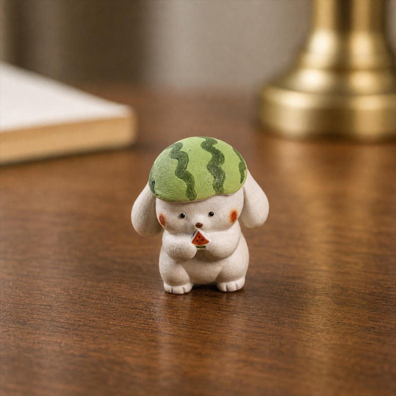 Céramique Lapin Pastèque Figurine de Bureau 5.5 cm