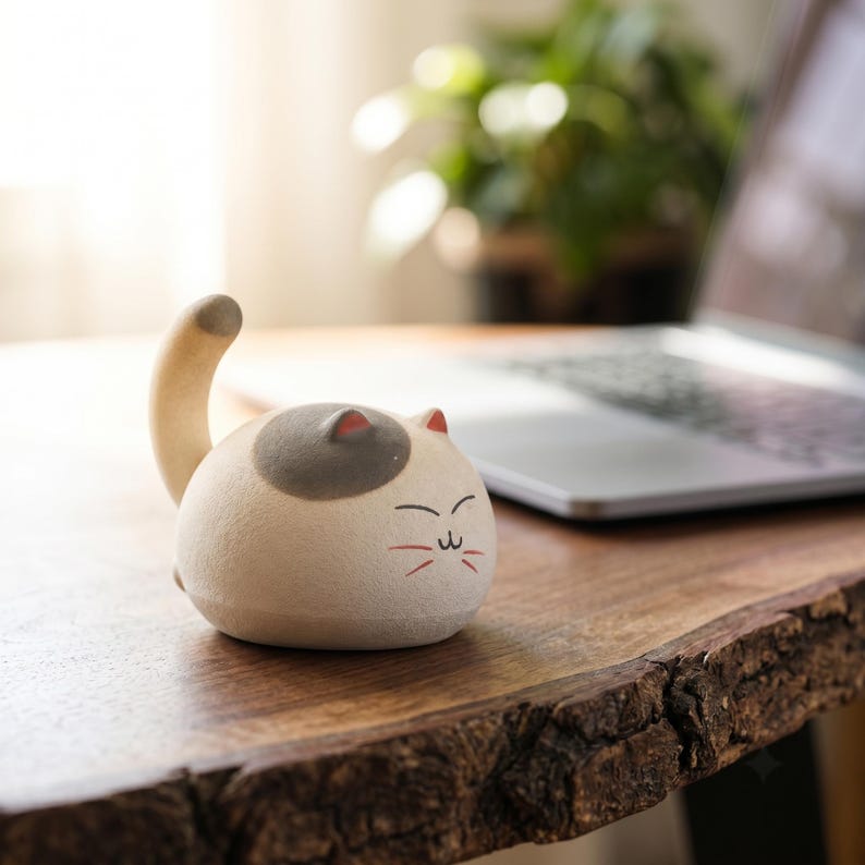 Figurine de chat en céramique sculptée à la main, statuette ronde de compagnon de bureau, décoration artisanale
