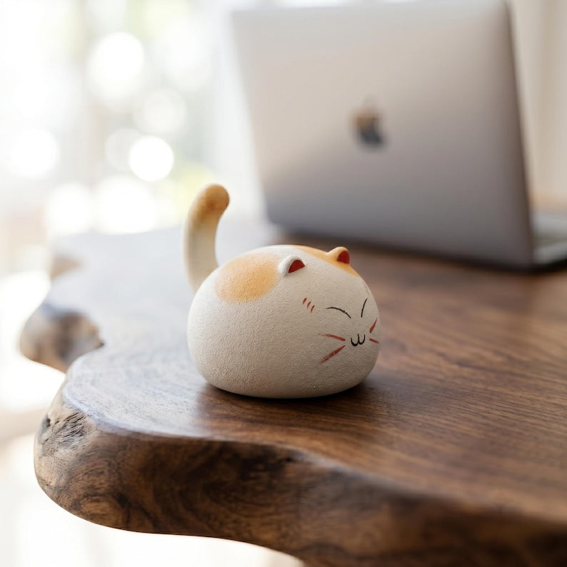 Figurine de chat en céramique sculptée à la main, statuette ronde de compagnon de bureau, décoration artisanale