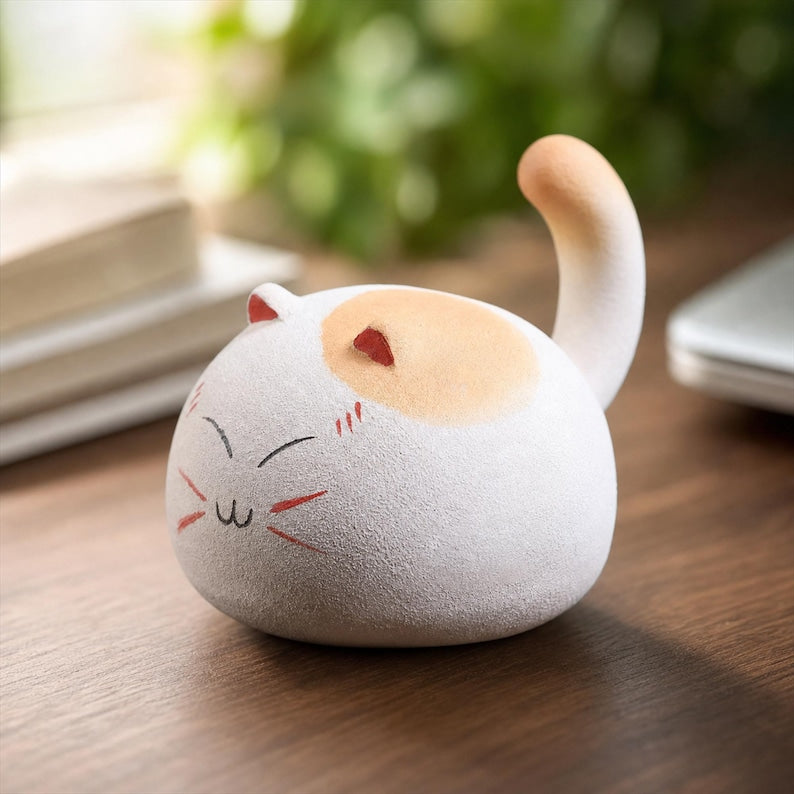 Figurine de chat en céramique sculptée à la main, statuette ronde de compagnon de bureau, décoration artisanale