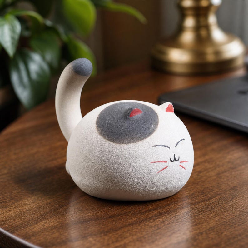 Figurine de chat en céramique sculptée à la main, statuette ronde de compagnon de bureau, décoration artisanale