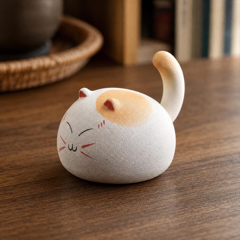 Figurine de chat en céramique sculptée à la main, statuette ronde de compagnon de bureau, décoration artisanale