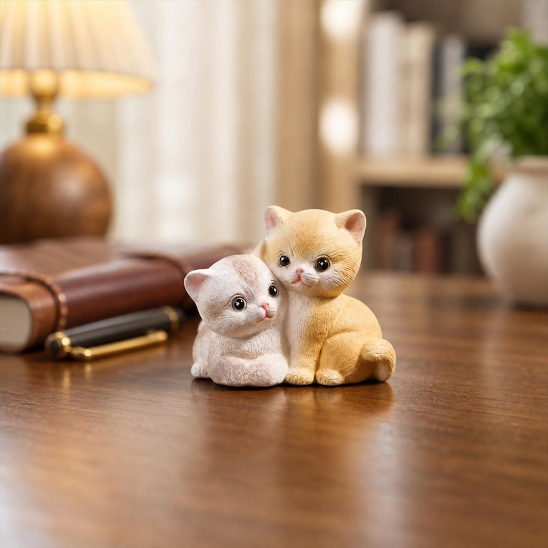 Figurine de couple de chats en céramique orange tigré, décoration de bureau rustique, poterie artisanale 7 cm
