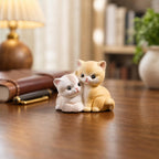 Figurine de couple de chats en céramique orange tigré, décoration de bureau rustique, poterie artisanale 7 cm