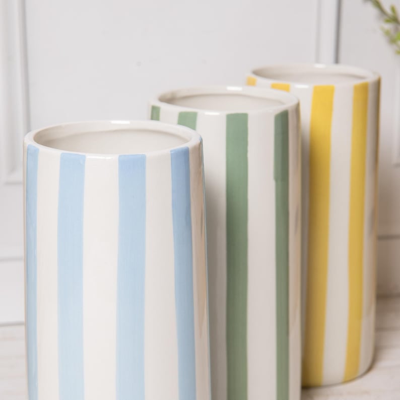 Striped Ceramic Glazed Vase, Green Yellow Blue, 21cm Tall Round Flower Vase