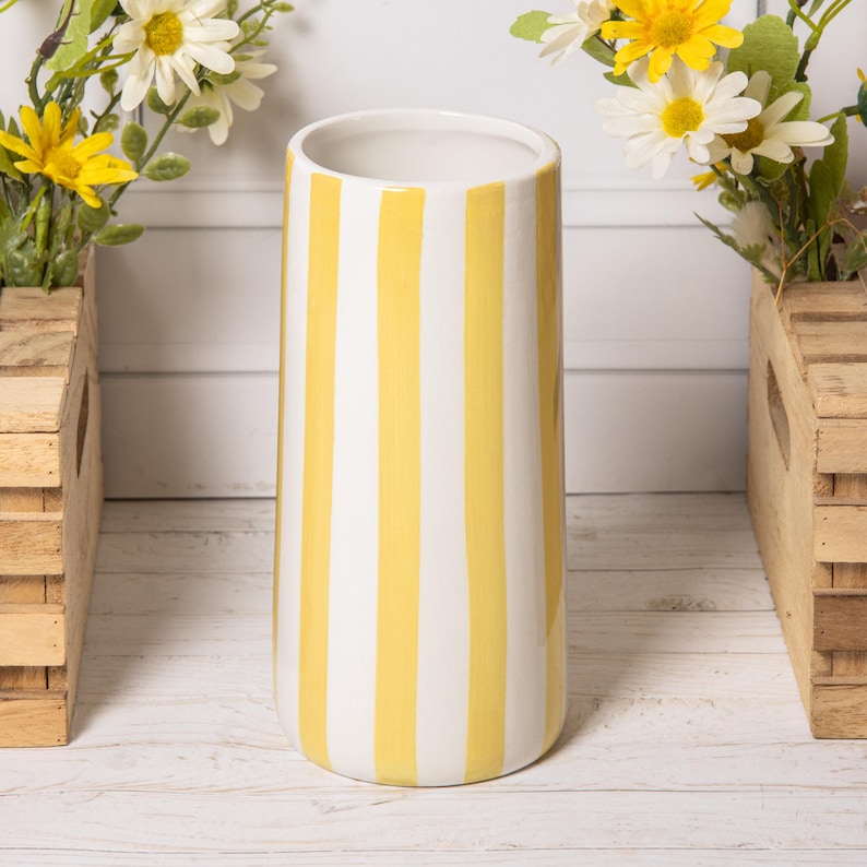 Striped Ceramic Glazed Vase, Green Yellow Blue, 21cm Tall Round Flower Vase