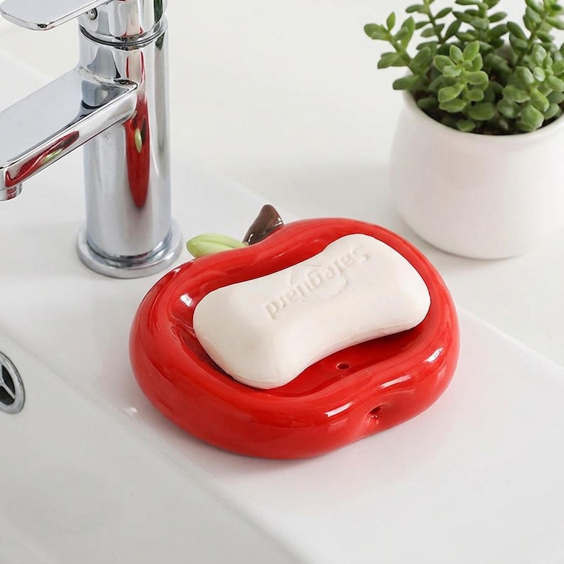 Porte-savon en céramique pomme rouge - Support drainant pour savon et éponge