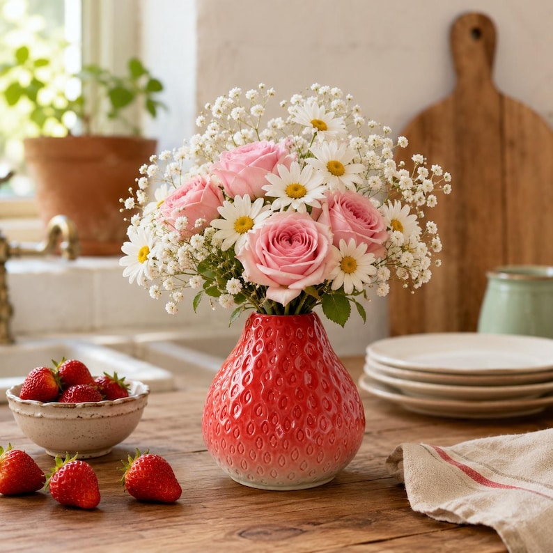 Vase orange en céramique, vase décoratif à fraises, vase à fruits, décoration intérieure bohème