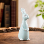 Figurine de couple de lapins en céramique bleu clair, statue d'animal décorative