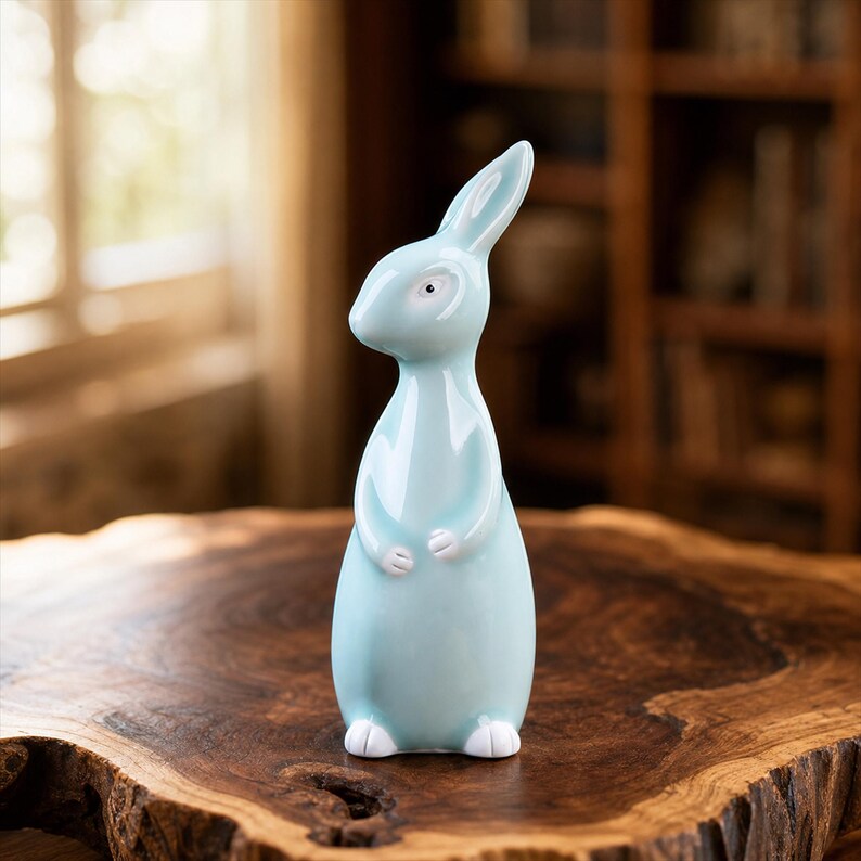 Figurine de couple de lapins en céramique bleu clair, statue d'animal décorative