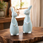 Figurine de couple de lapins en céramique bleu clair, statue d'animal décorative
