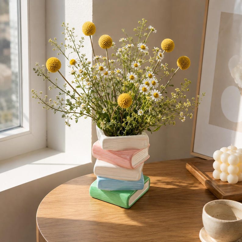 Vase empilable en céramique forme de livres, pot fleur pastel macaron, décoration table bibliophile