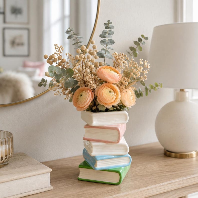 Vase empilable en céramique forme de livres, pot fleur pastel macaron, décoration table bibliophile