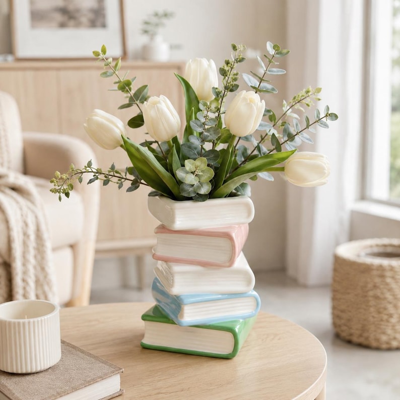 Vase empilable en céramique forme de livres, pot fleur pastel macaron, décoration table bibliophile
