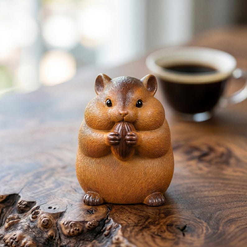 Hamster en argile sculpté à la main, ornement d'étagère kawaii, décoration miniature rustique, 5 x 7 cm