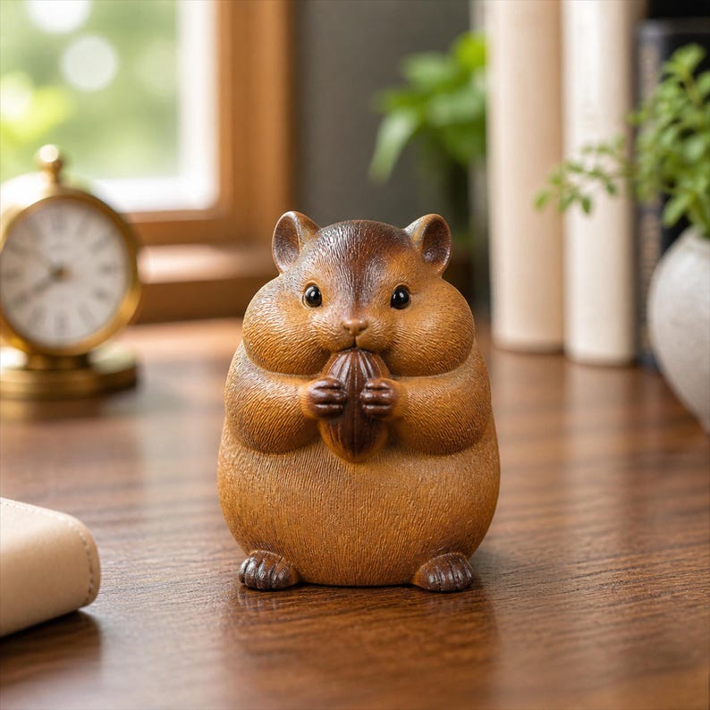 Hamster en argile sculpté à la main, ornement d'étagère kawaii, décoration miniature rustique, 5 x 7 cm