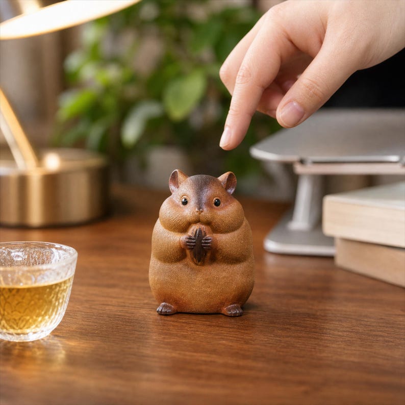 Hamster en argile sculpté à la main, ornement d'étagère kawaii, décoration miniature rustique, 5 x 7 cm