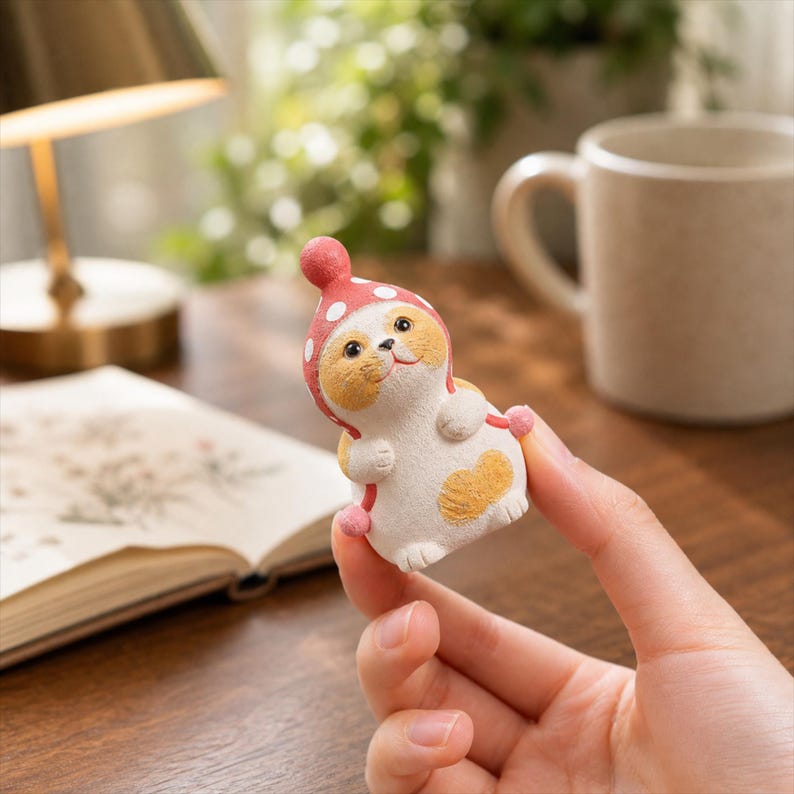 Statuette de chat rustique en céramique style cottagecore, ornement pour bureau, 7 cm