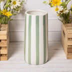 Striped Ceramic Glazed Vase, Green Yellow Blue, 21cm Tall Round Flower Vase