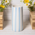 Striped Ceramic Glazed Vase, Green Yellow Blue, 21cm Tall Round Flower Vase