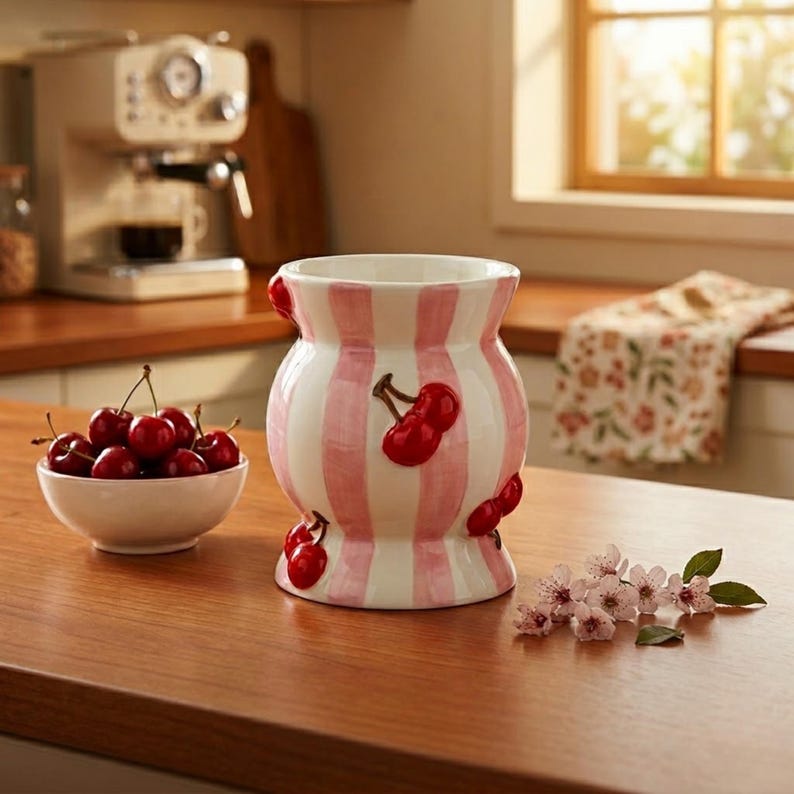 Vase en céramique cerisier rayé peint à la main, poterie décorative violette pour table d'été